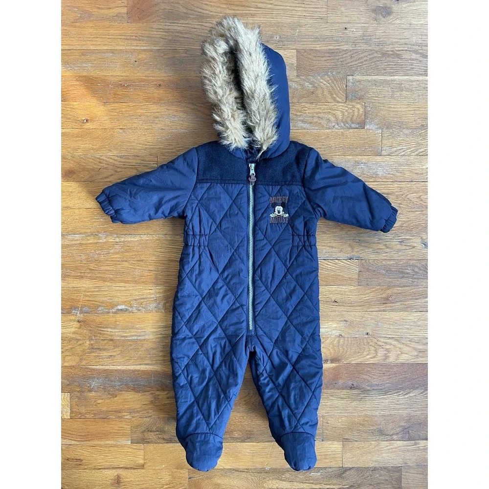 Mickey Mouse Hooded Snowsuit Age 6-9 Months Quilted Warm Blue Disney‎ Baby